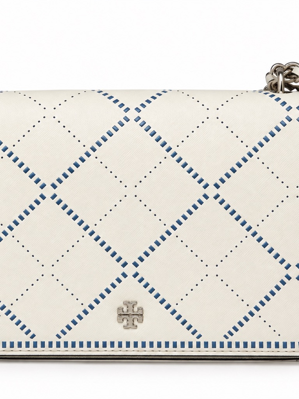 Tory Burch Cream and Blue Perforated Quilted Chain Crossbody